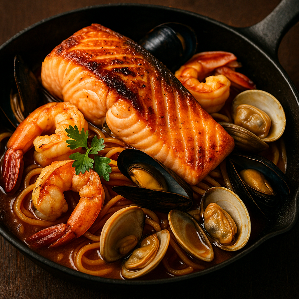 Frischer Fisch und Meeresfrüchte angerichtet