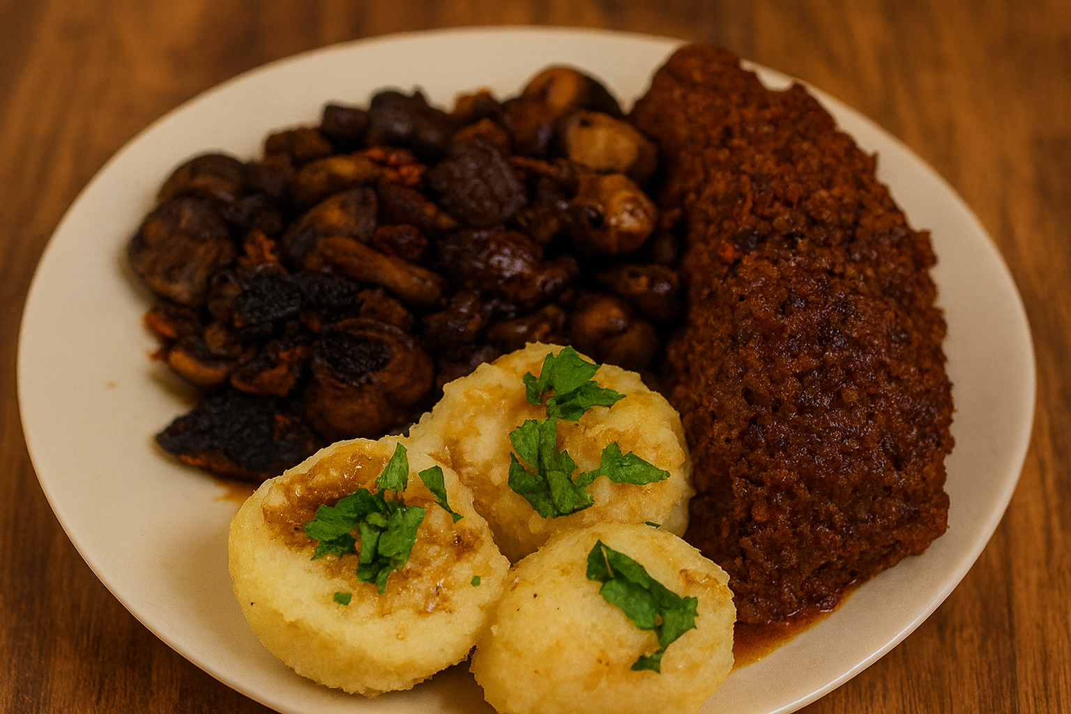 Festliches veganes Gericht mit Knödeln, Pilzen und Braten