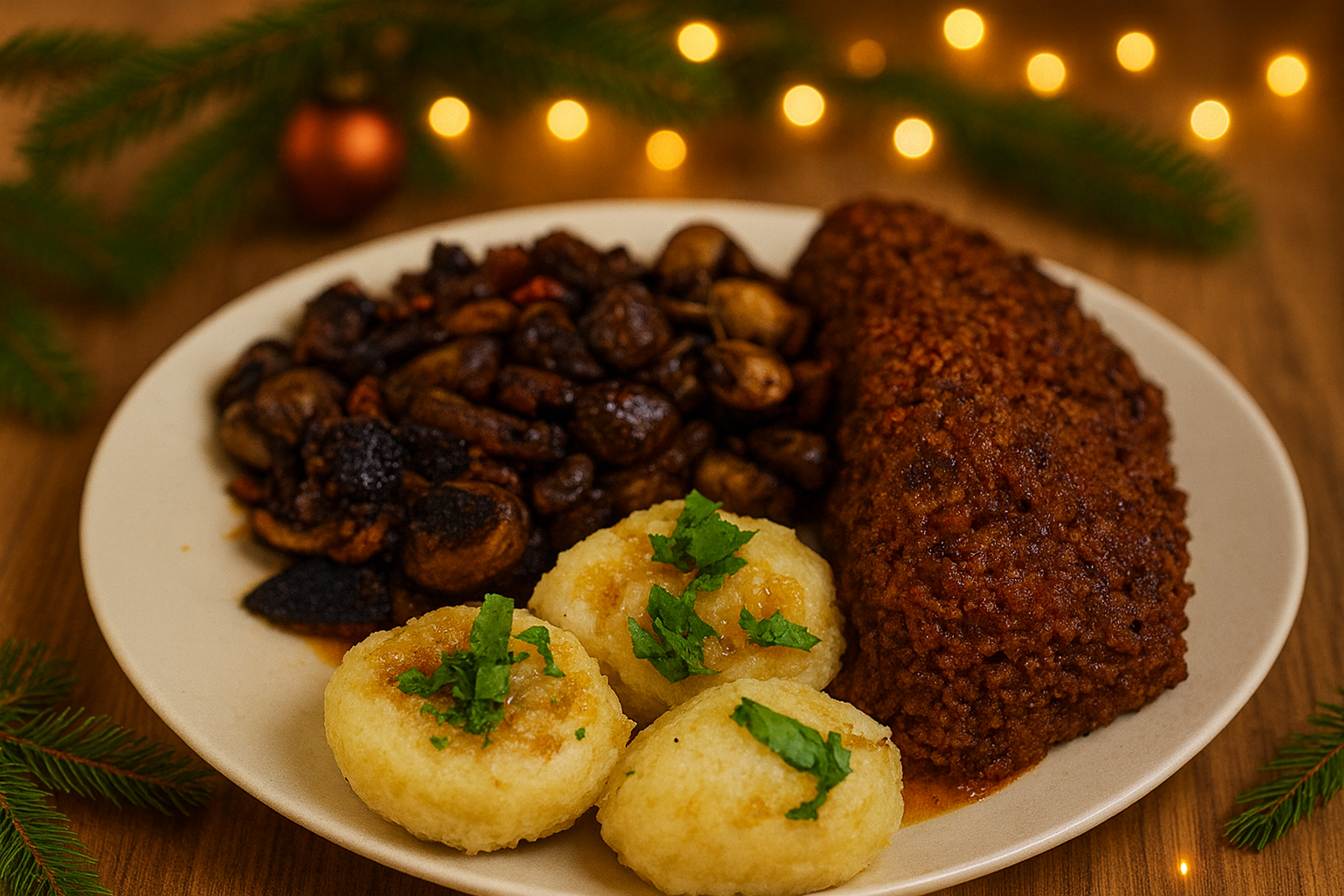 Veganer Linsen-Wurzelbraten mit Pilzpfanne und Klößen