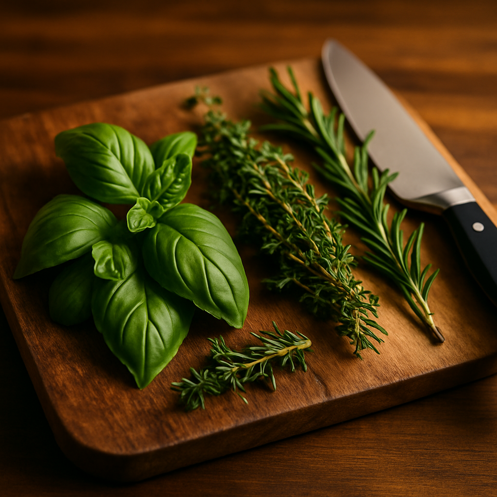 Frische Kräuter – Basilikum, Thymian, Rosmarin