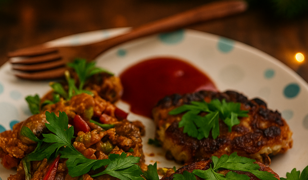 Vegane Zwiebel-Buletten mit festlichem Kartoffelsalat